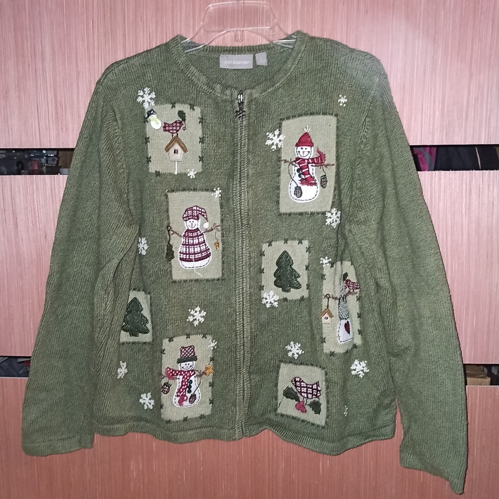Croft and Barrow Cute Snowman Sweater/Cardigan Size M with Pin